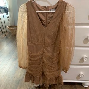 HYFVE Mesh Polka Dot Ruffle Dress Taupe